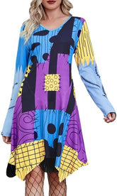 Jillumi Costumes d'Halloween Femmes Manches Longues Col en V Patchwork Cosplay Multi Robe